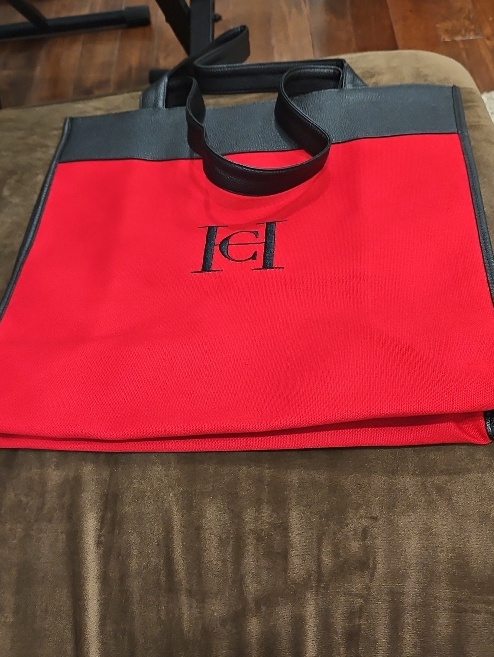 Carolina Herrera Red and Black Canvas Tote Bag with Monogram